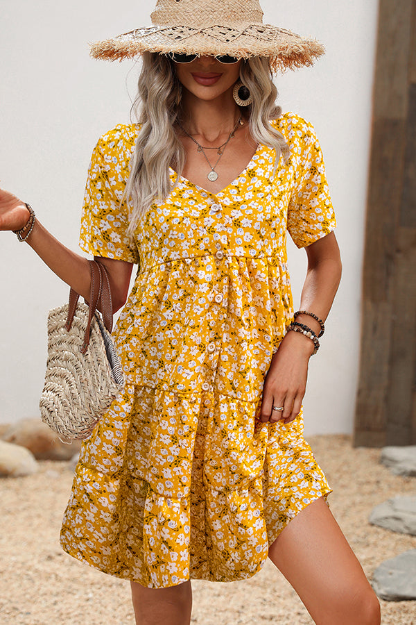 Floral Print V Neck Short Sleeve Casual Dress - Fashionpara