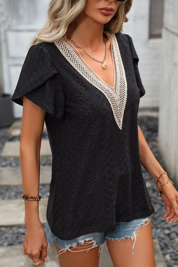 Solid V Neck Patchwork Short Sleeve Tops - Fashionpara