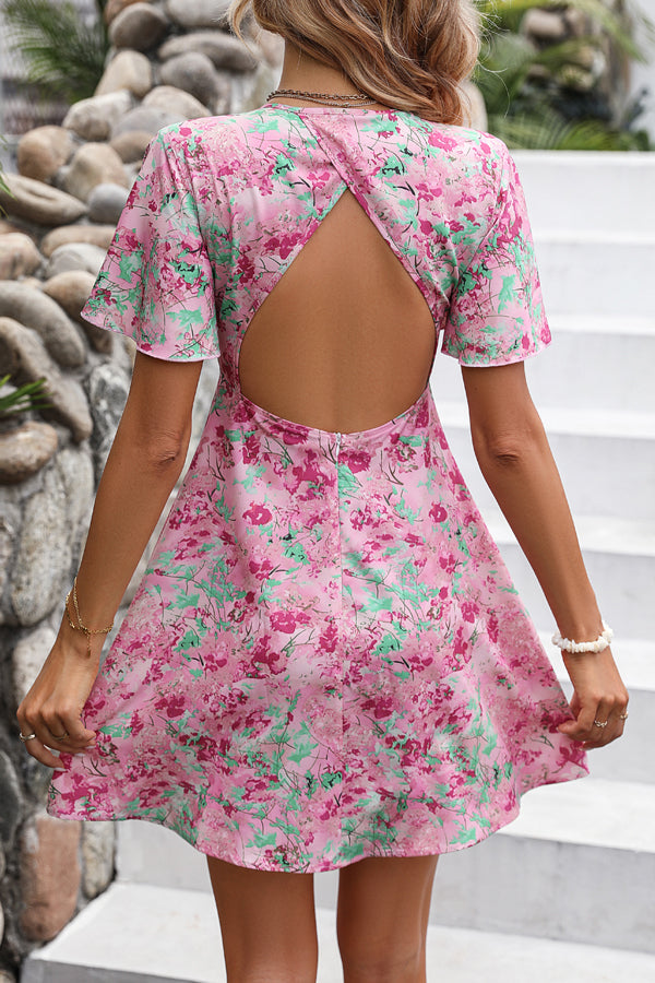 V Neck Cutout Floral Print Mini Dress - Fashionpara