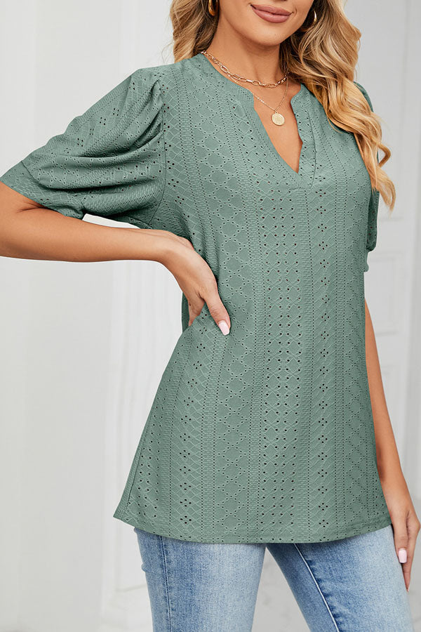 Bubble Sleeve V Neck Casual Tops - Fashionpara
