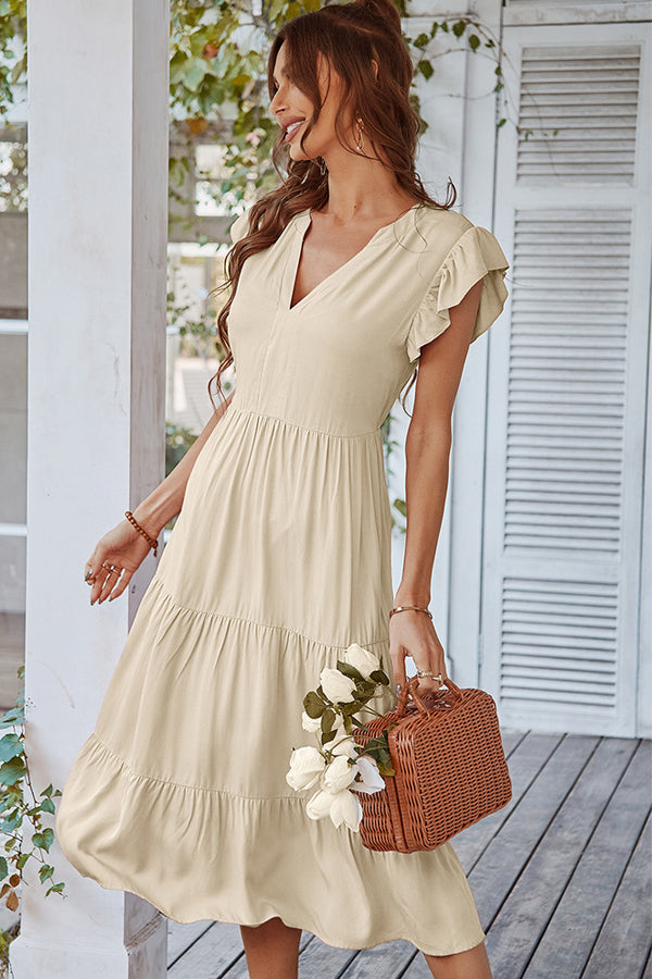 Ruffle Shoulder V Neck Vacation Dress - Fashionpara