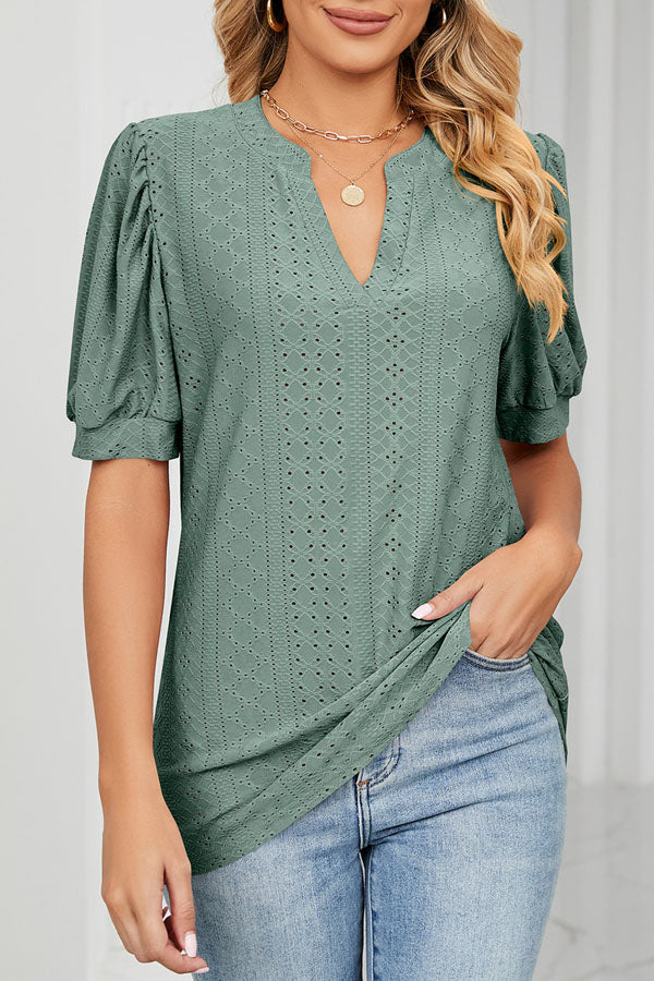 Bubble Sleeve V Neck Casual Tops - Fashionpara