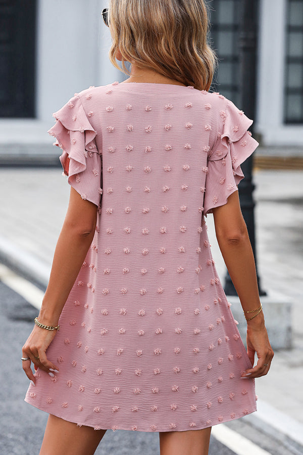Ruffle Shoulder V Neck Solid Casual Dress - Fashionpara