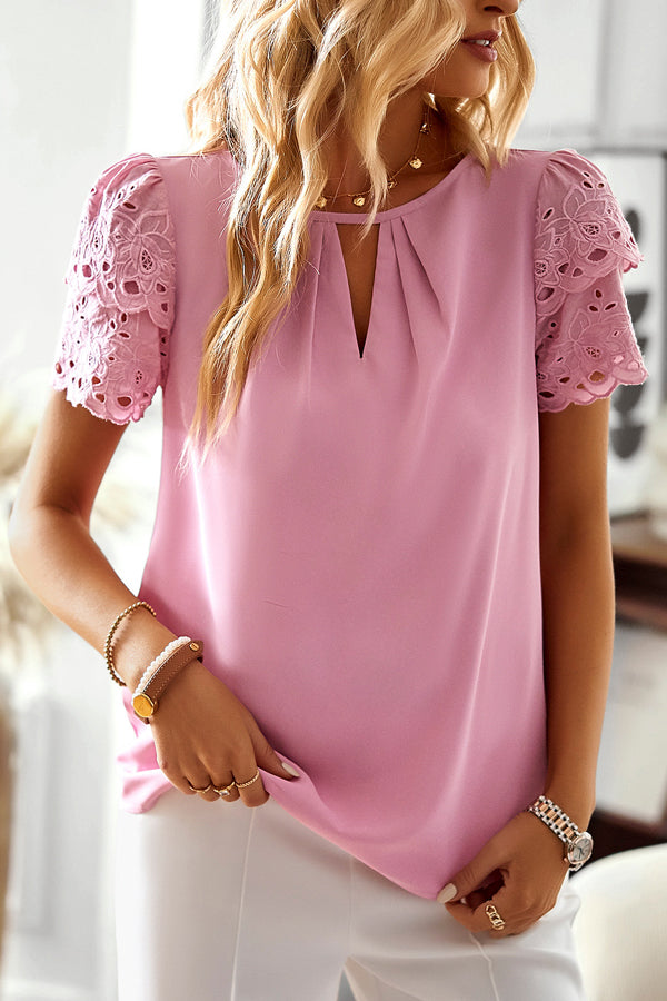 Hollow Patchwork Solid Color Casual Tops - Fashionpara