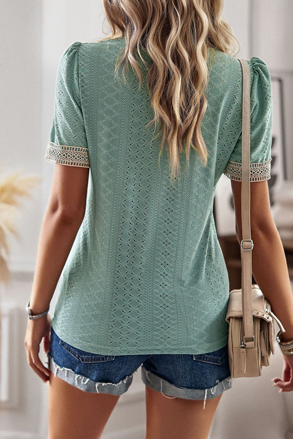 Darkseagreen V Neck Patchwork Short Sleeve Casual Tops - Fashionpara