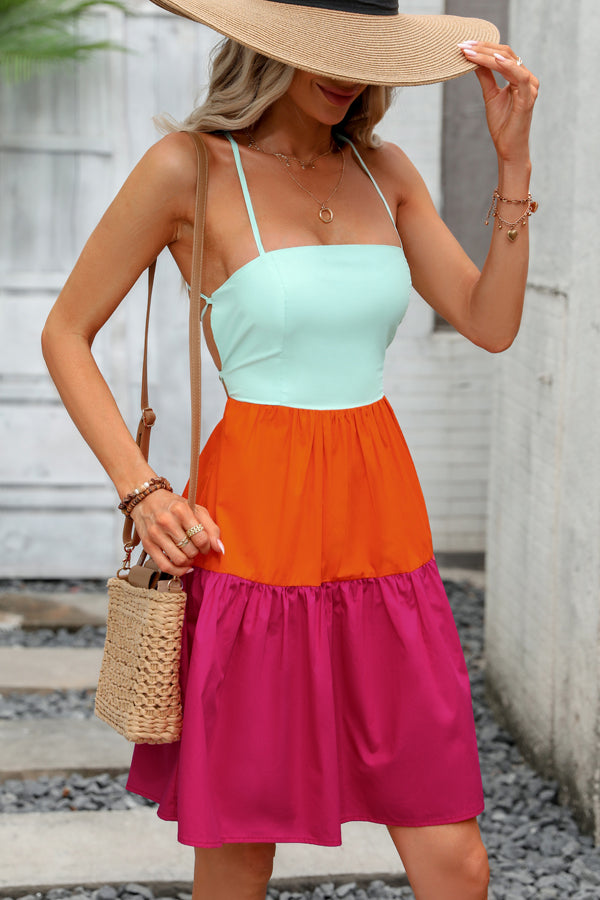 Color Block Tie Back Mini Casual Dress - Fashionpara