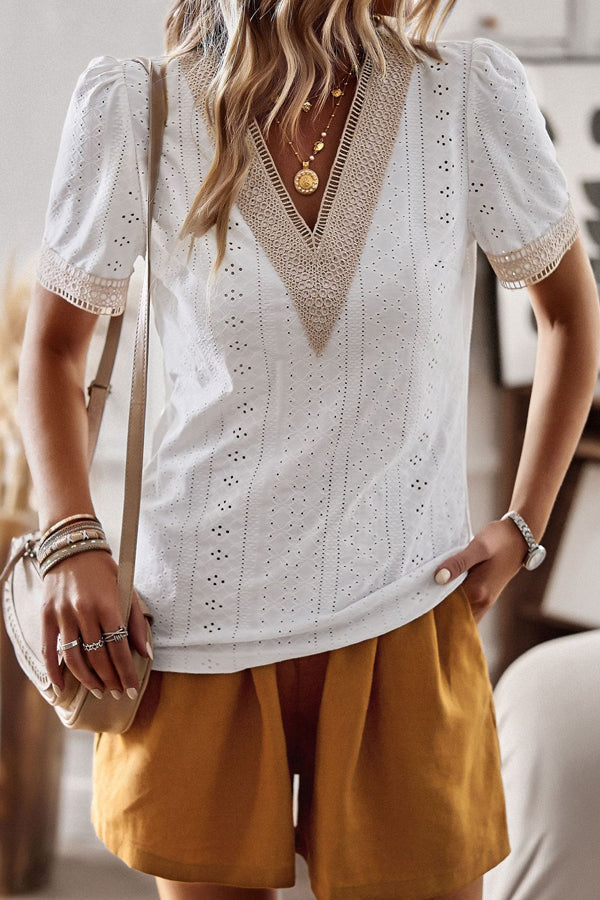 White V Neck Patchwork Short Sleeve Casual Tops - Fashionpara
