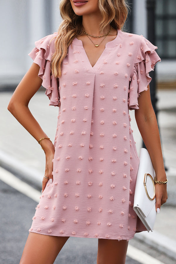 Ruffle Shoulder V Neck Solid Casual Dress - Fashionpara