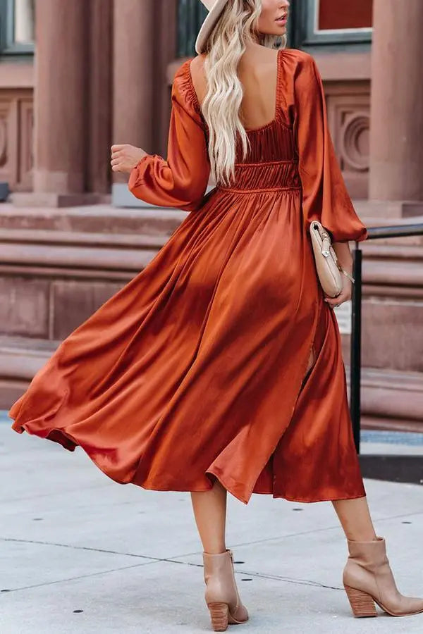Satin Pocket Drawstring Long Sleeve Midi Dress - Fashionpara