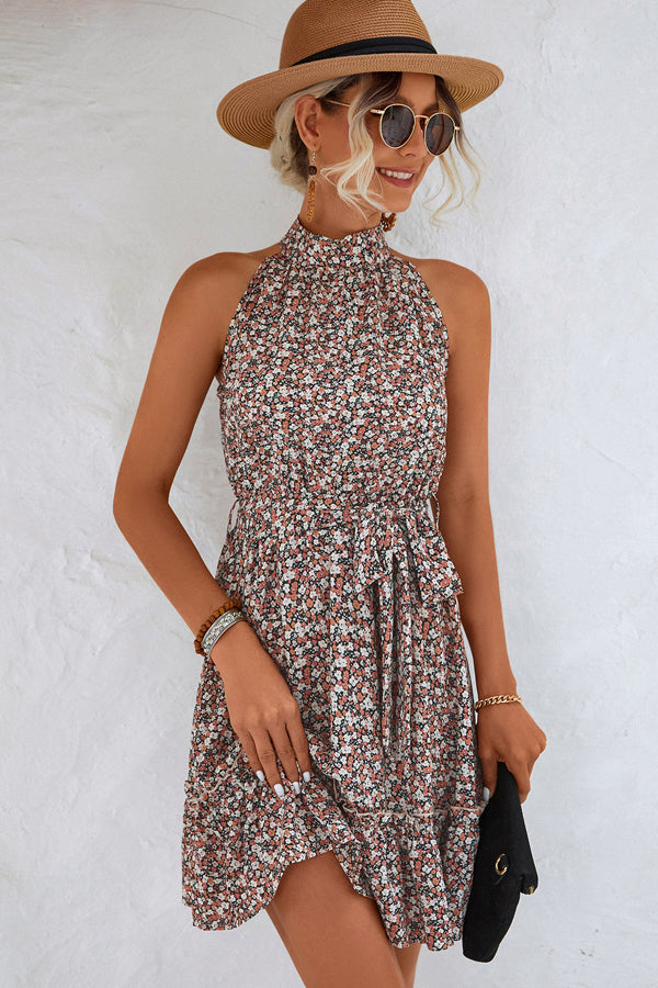 Fashion Floral Print Halter Neck Mini Dress - Fashionpara