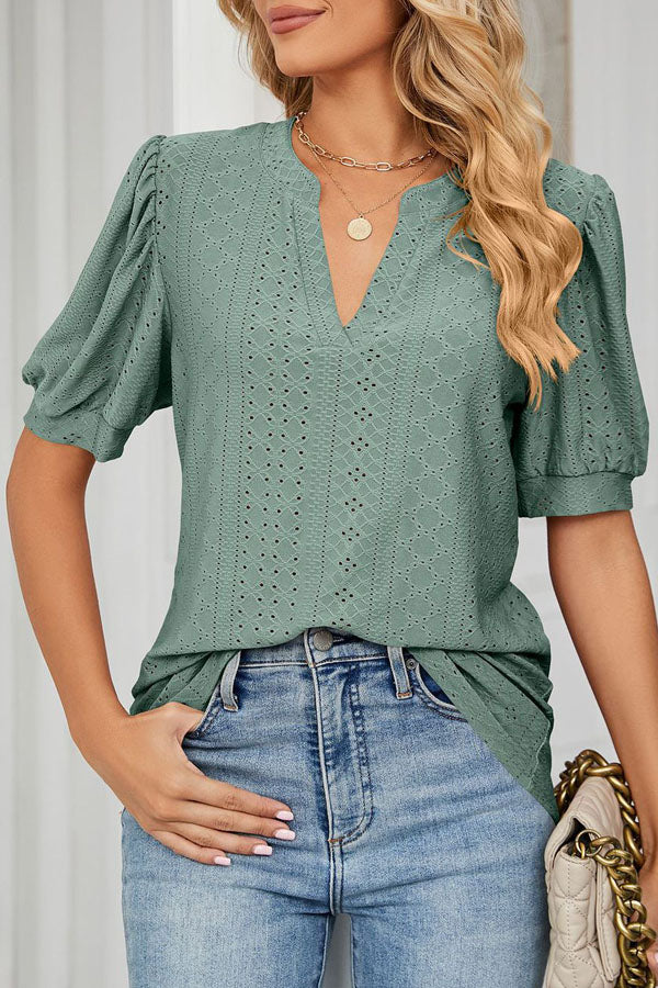 Bubble Sleeve V Neck Casual Tops - Fashionpara