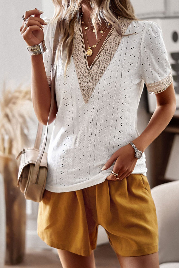 White V Neck Patchwork Short Sleeve Casual Tops - Fashionpara
