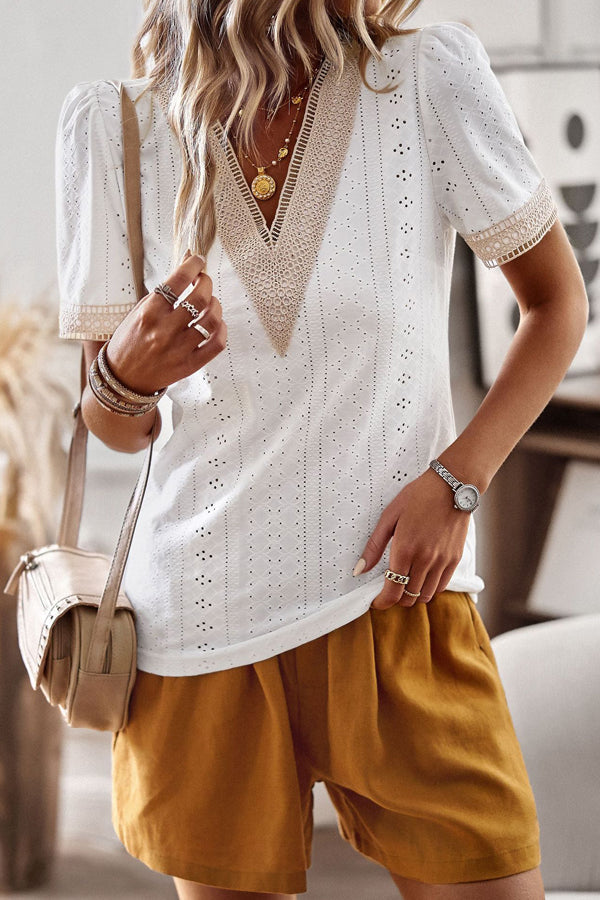 White V Neck Patchwork Short Sleeve Casual Tops - Fashionpara