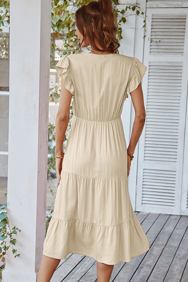 Ruffle Shoulder V Neck Vacation Dress - Fashionpara