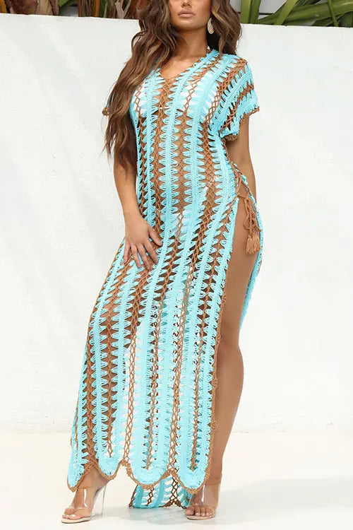 Stripe V Neck Side Slit Hollow Caftan Dress - Fashionpara