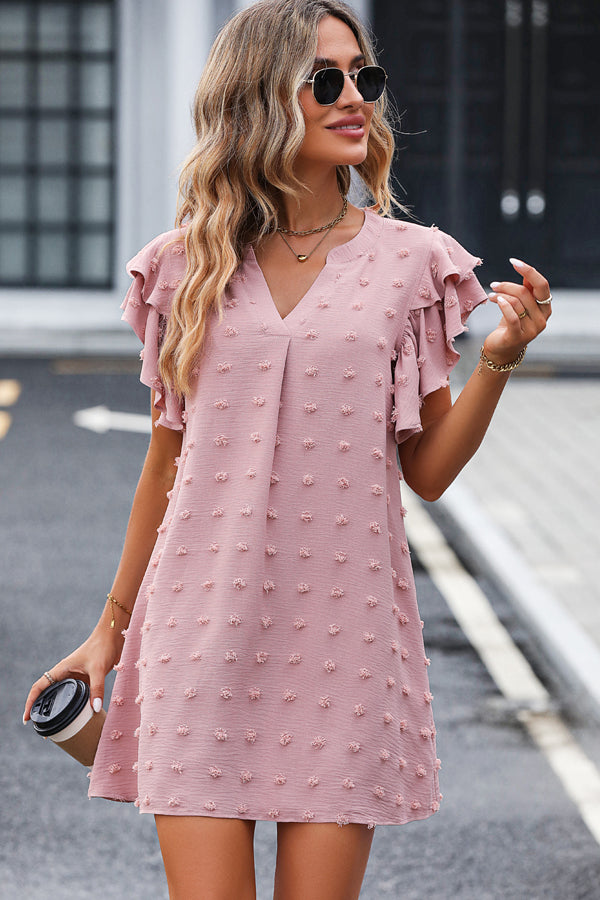 Ruffle Shoulder V Neck Solid Casual Dress - Fashionpara