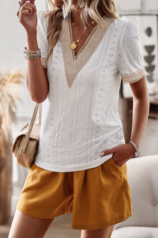 White V Neck Patchwork Short Sleeve Casual Tops - Fashionpara