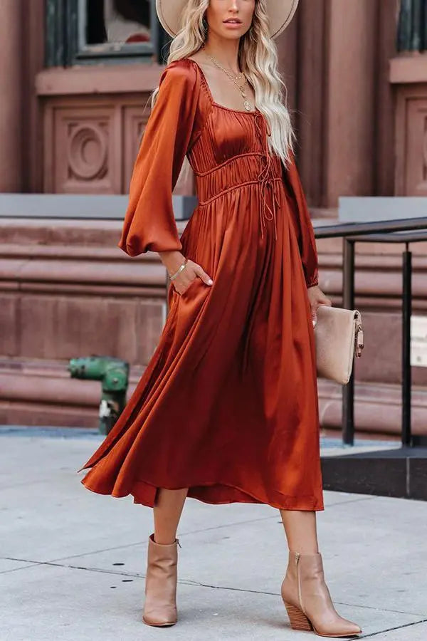 Satin Pocket Drawstring Long Sleeve Midi Dress - Fashionpara