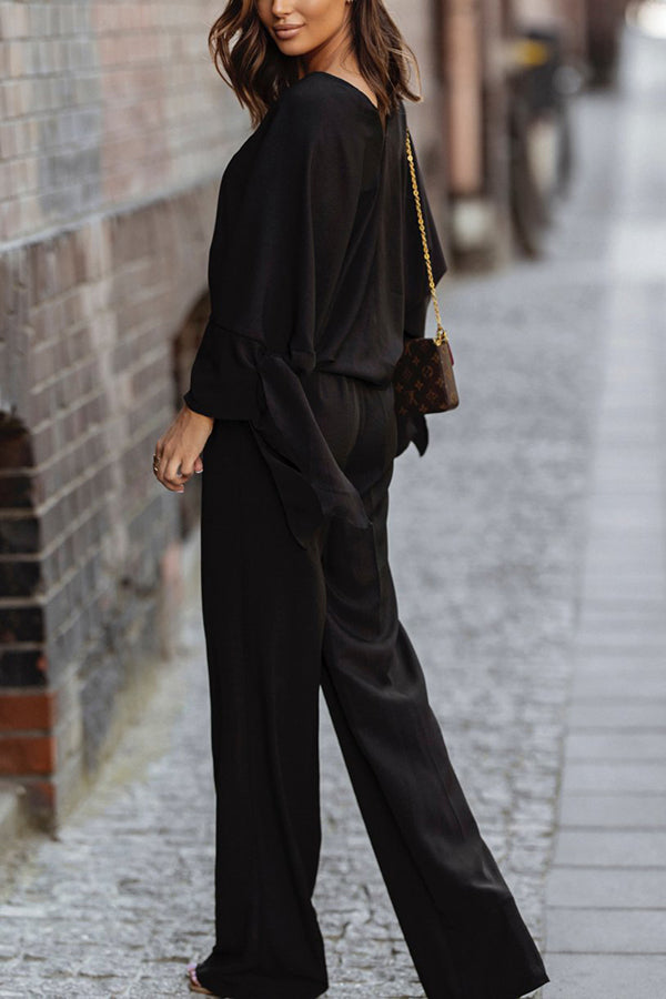 V Neck Bat Sleeve Blouse Pants Set - Fashionpara