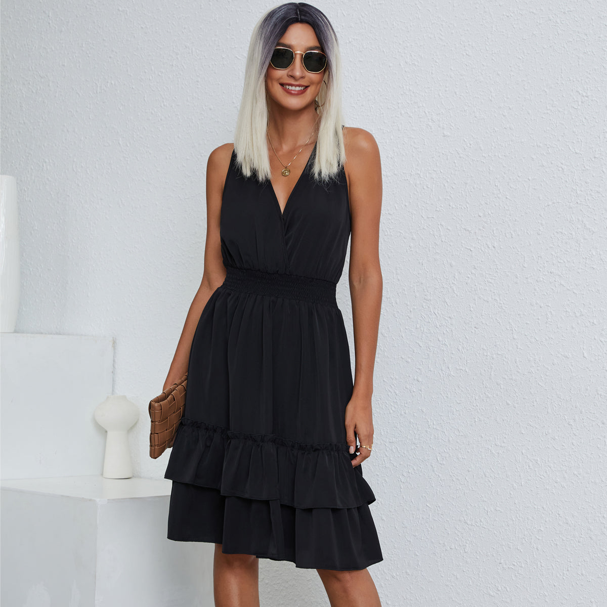 Smocked Waist Solid Sleeveless Casual Mini Dress - Fashionpara