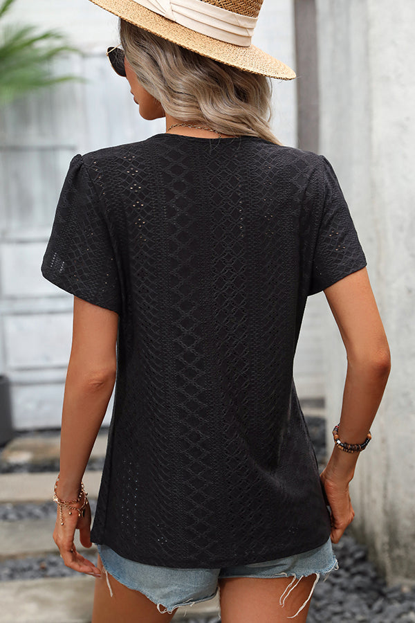Solid V Neck Patchwork Short Sleeve Tops - Fashionpara