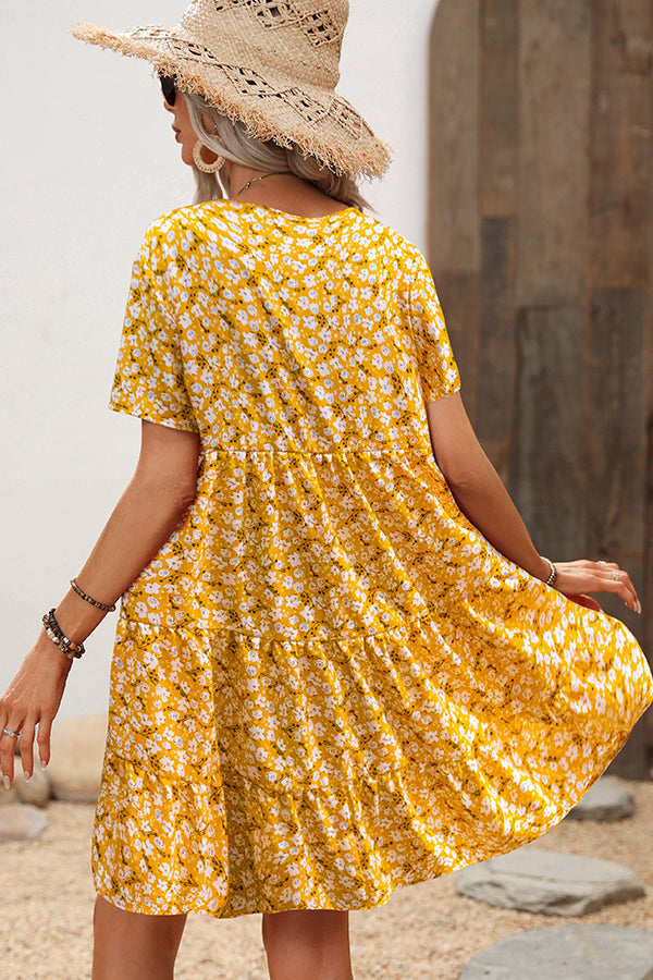 Floral Print V Neck Short Sleeve Casual Dress - Fashionpara