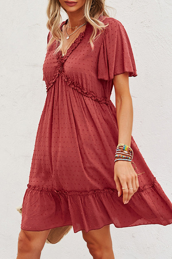 Solid Color V Neck High Waist Casual Dress - Fashionpara