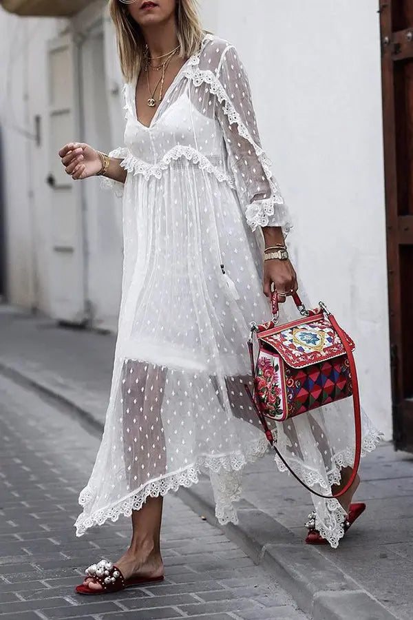 Dot Lace Sheer Maxi Cover Dress - Fashionpara