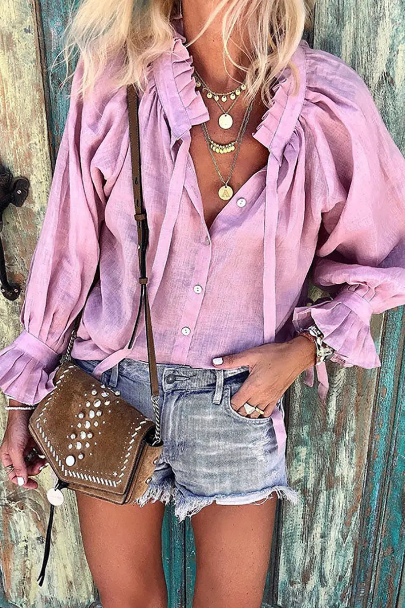 Ruffles Button Puff Sleeve Blouse - Fashionpara