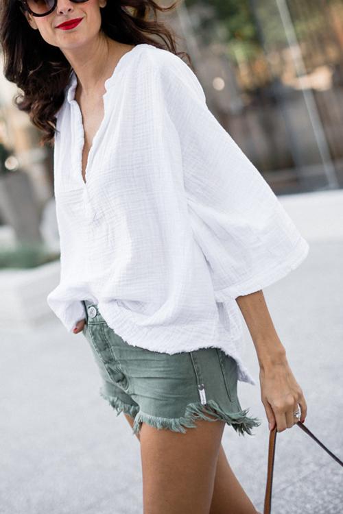 Linen V Neck Loose Blouse - Fashionpara