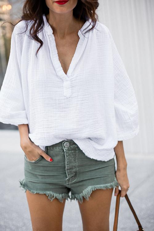 Linen V Neck Loose Blouse - Fashionpara