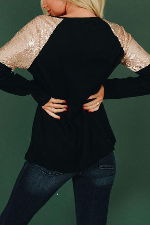 Sequin Shoulder Long Sleeve Top - Fashionpara