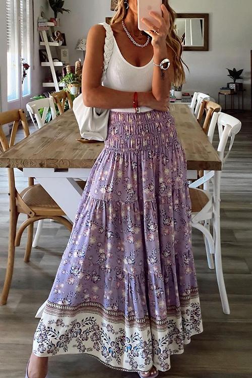 Floral Print Elastic Maxi Skirts - Fashionpara