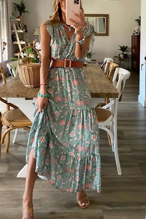 Ruffles Floral Print Maxi Dress - Fashionpara