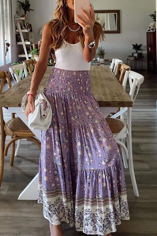 Floral Print Elastic Maxi Skirts - Fashionpara