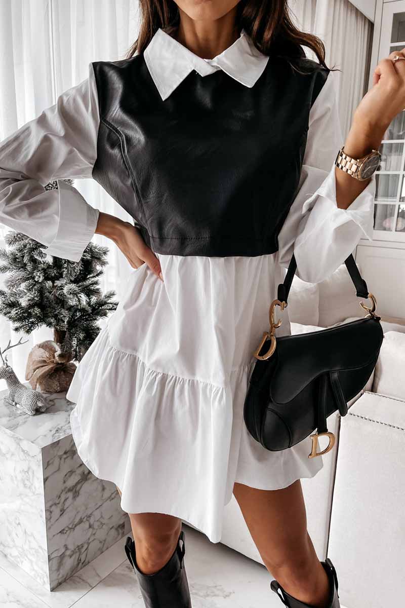 Florcoo Shirt skirt and leather stitching Mini Dress - Fashionpara