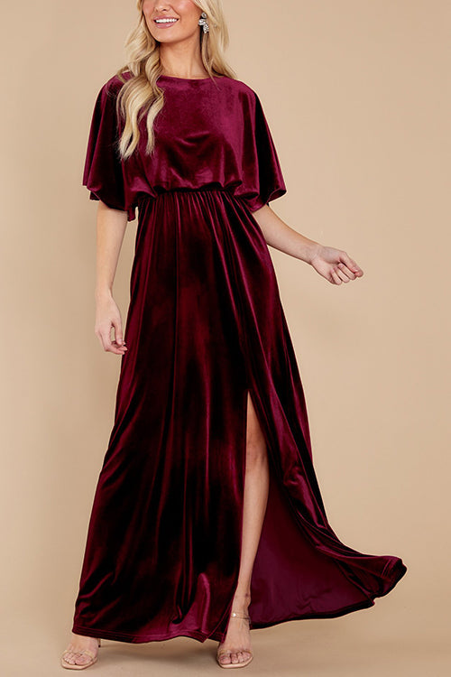 Velvet Wlastic Waist Slit Maxi Dress - Fashionpara