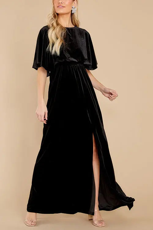 Velvet Wlastic Waist Slit Maxi Dress - Fashionpara