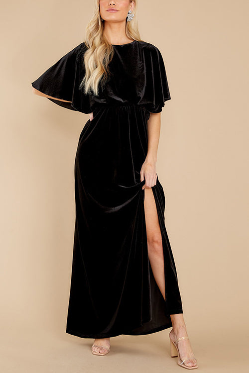 Velvet Wlastic Waist Slit Maxi Dress - Fashionpara