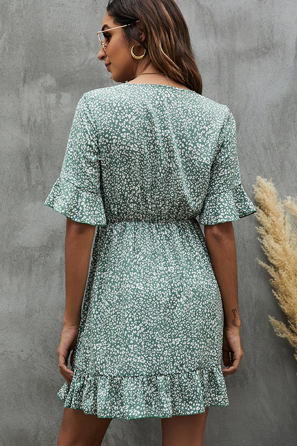 V Neck Printed Trumpet Sleeve Casual Dress - Fashionpara