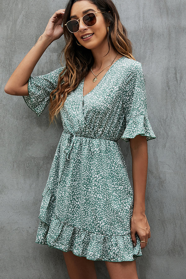 V Neck Printed Trumpet Sleeve Casual Dress - Fashionpara