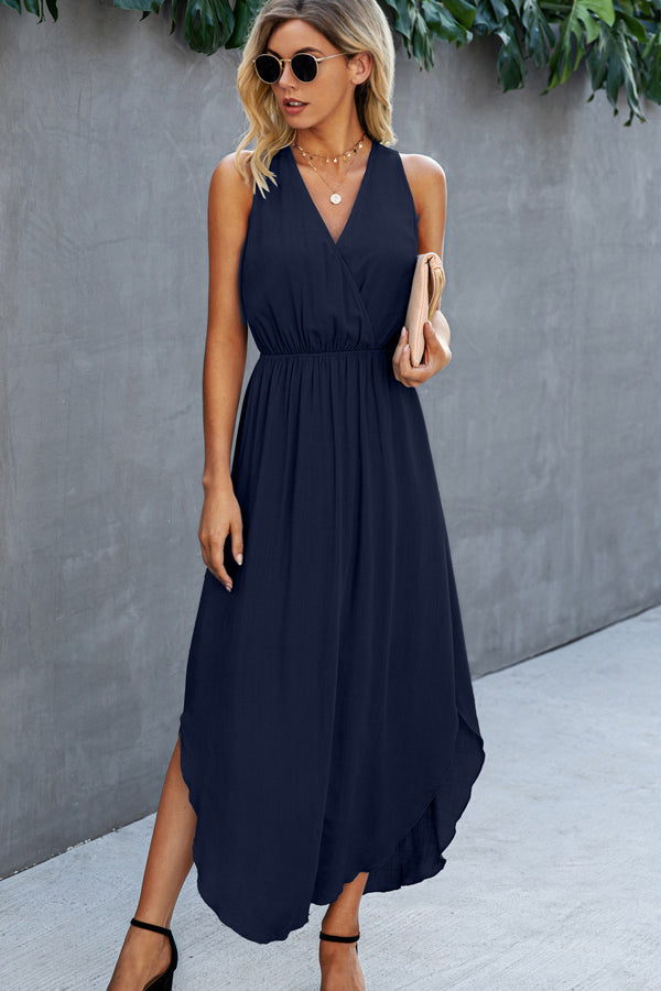 Fashion Solid Color V Neck Sleeveless Dress - Fashionpara