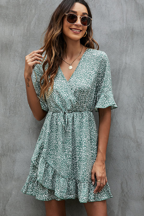 V Neck Printed Trumpet Sleeve Casual Dress - Fashionpara