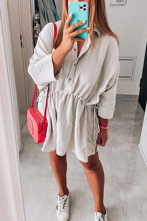 Button Pockets Drawstring Waist Dress - Fashionpara