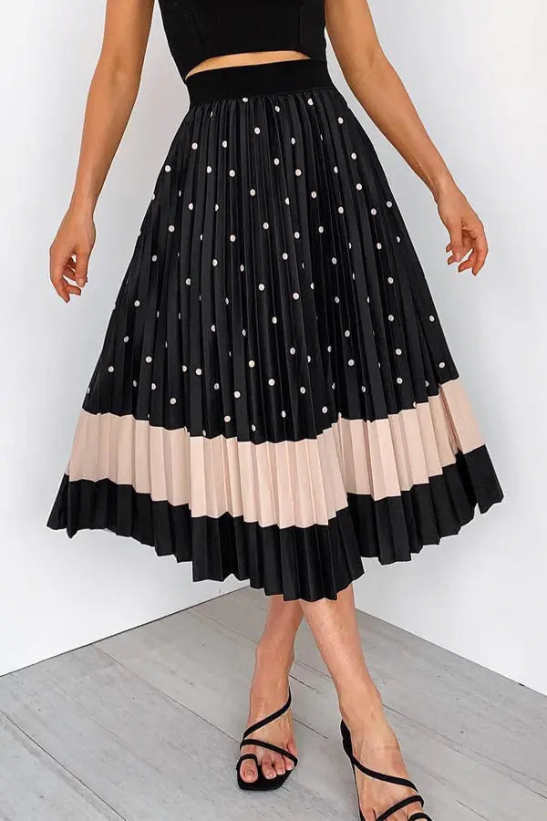 Polka Dot Color Block Pleated Midi Dress - Fashionpara