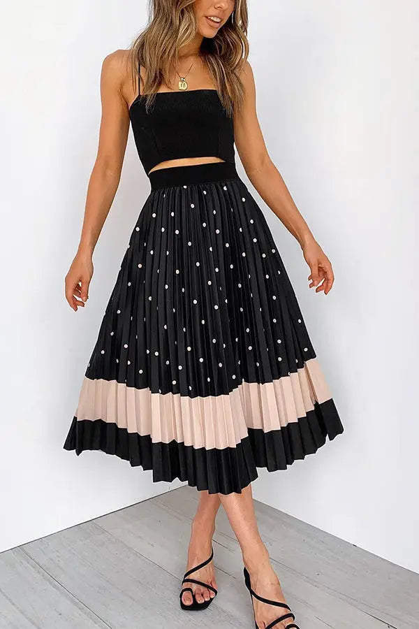 Polka Dot Color Block Pleated Midi Dress - Fashionpara