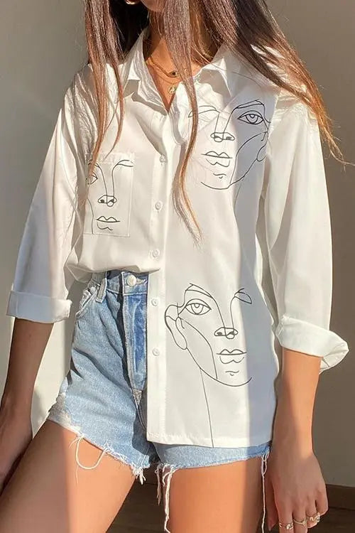 Face Print Loose Shirt - Fashionpara