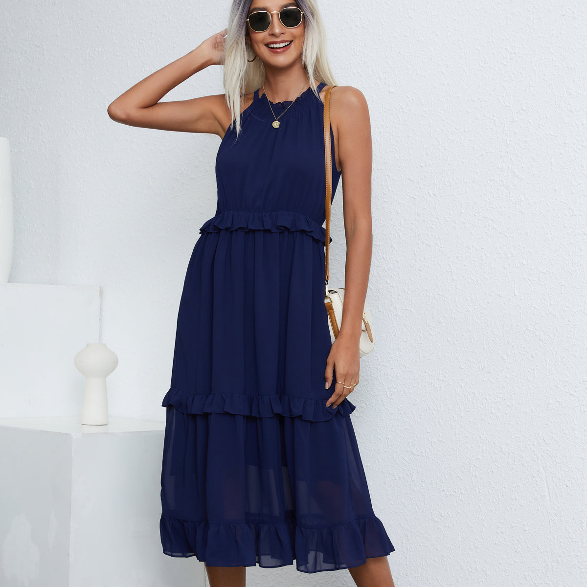 Solid Color Halter Neck Sleeveless Maxi Dress - Fashionpara