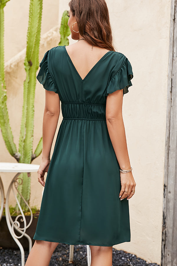 Solid Color V Neck Ruched Casual Dress - Fashionpara