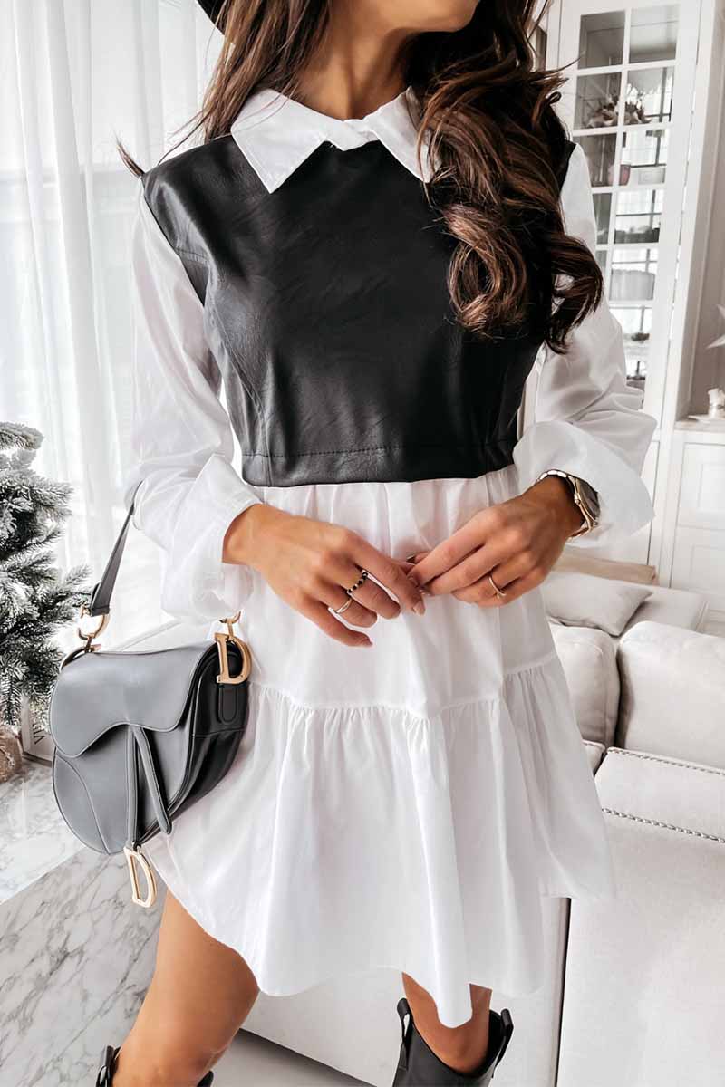 Florcoo Shirt skirt and leather stitching Mini Dress - Fashionpara